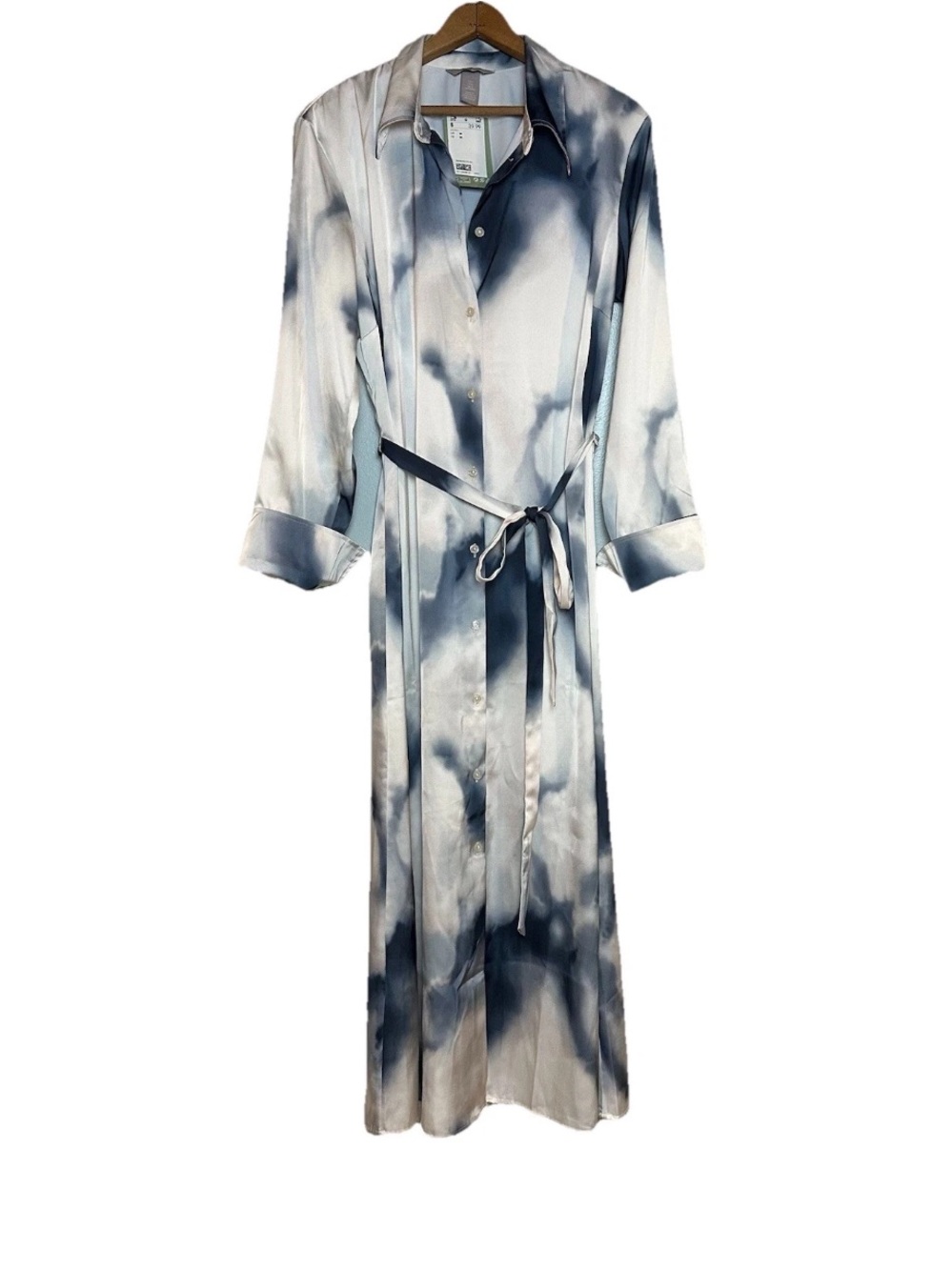 H&M Tie Dye Satin Maxi Shirt Dress Blue White Tie Belt NWT